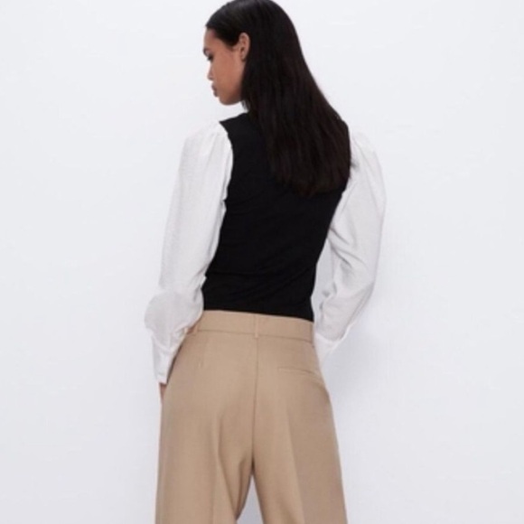 ZARA Contrast Black and White Balloon Puff Sleeve Blouse Top Shirt Cinch Coastal - Picture 3 of 10